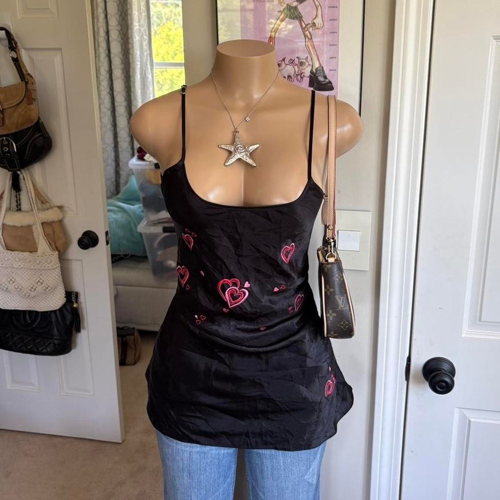 Y2K Black Pink Heart Print Satin Cami Top
